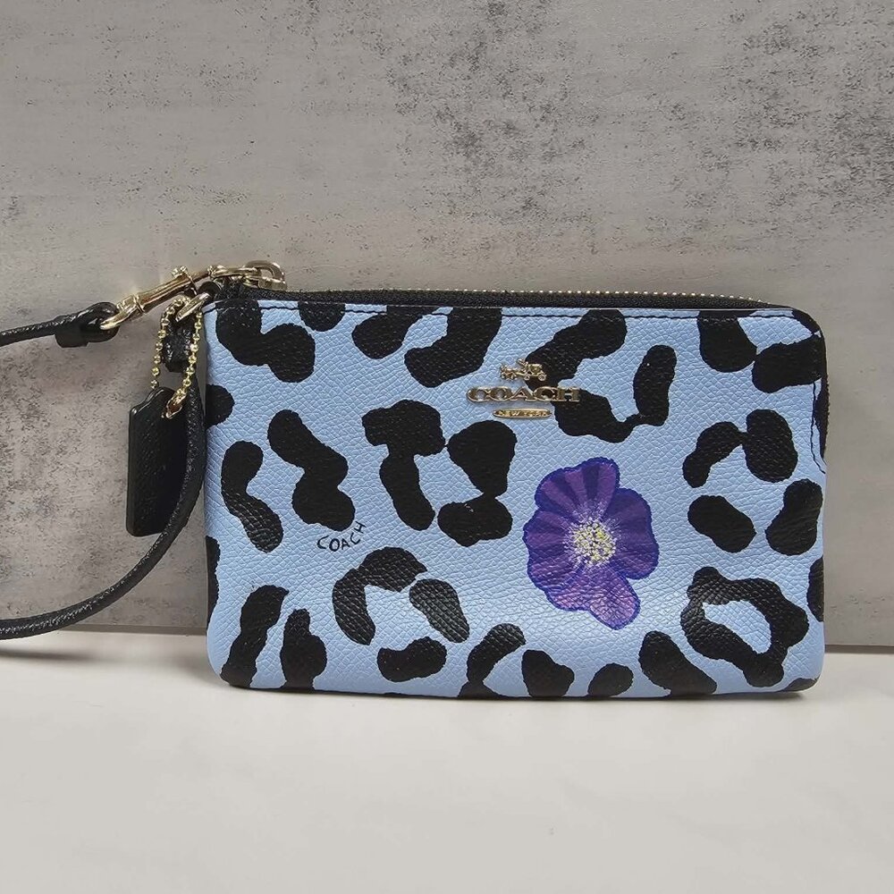 Coach Blue and Black Leopard Pebbled Leather Zip Around Wristlet - Custom Design